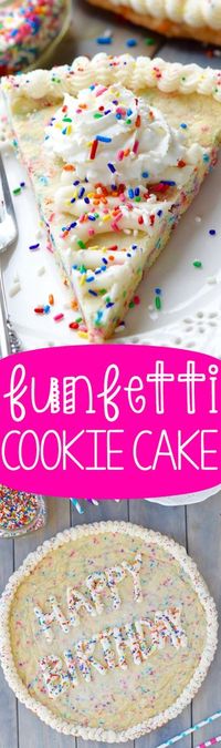 Funfetti Cookie Cake - The perfect mixture of cake and cookie taste. Super easy to make, it's perfect for your next birthday party!