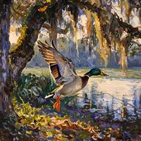 As the sun dips low over the horizon, casting its golden hues upon the tranquil waters of a Louisiana swamp, a scene of serene beauty unfolds. In the foreground, amidst the lush greenery and twisted cypress trees, a lone Mallard Duck takes flight at the water's edge, its vibrant feathers glistening in the fading light.  The image captures the essence of the Louisiana wetlands, with its rich tapestry of colors and textures. The stillness of the swamp is palpable, yet there is a sense of movement and energy as the Mallard prepares to soar into the evening sky. The viewer can almost feel the gentle breeze rustling through the reeds and hear the soft ripple of water as the duck lifts off from the shore. In the background, the swamp stretches out into the distance, its murky waters reflecting t