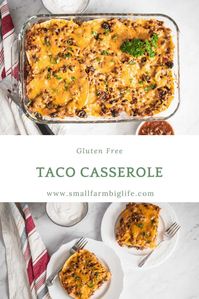 This easy recipe for gluten free taco casserole is layered with tortillas and ground beef. After assembling your layers you bake this healthy casserole. It is a cheesy dinner and a great use for hamburger! #glutenfree #recipe #taco #dinner