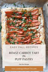 This Roast Carrot Tart is ready in under an hour making it an easy and elegant dinner to assemble for a weeknight meal. Click to get the full recipe!  What you'll need:  Prepared Puff Pastry Carrots Boursin Cheese: This gournay cheese is creamy and flavorful. It’s great in a pinch to add a punch of flavor to any recipe and it works especially well in this tart.  Fresh Herbs: Use any mix you have on hand. My favorite herbs to have in rotation include thyme, sage, parsley, and chives. Egg for Egg Wash