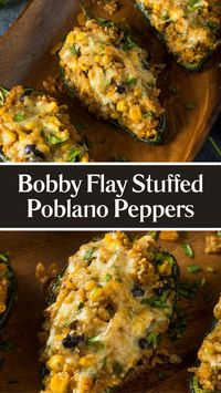 Bobby Flay Stuffed Poblano Peppers recipe is made with fresh poblano peppers, olive oil, onion, garlic, lean ground beef, chili powder, cumin, salt, black pepper, Cheddar cheese, Monterey Jack cheese, and enchilada sauce the total time needed is 100 minutes and it serves 4 people.