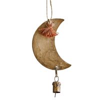 Hanging from a natural jute string this antiqued golden crescent moondecoration adorned with a cotton terracotta tassel Handmade using recycled iron - each piece is unique Overall Hanging Length 19cm