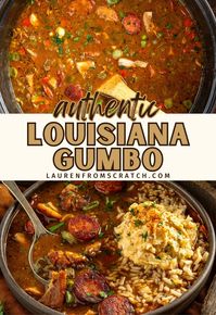 Learn how to make authentic chicken and sausage gumbo! It features a dark, rich roux and the perfect balance of spices. Packed with chicken thighs and andouille sausage, this gumbo is the real deal for a classic Louisiana meal. Find more authentic Louisiana recipes at LaurenFromScratch.com!