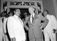 Cuban president Fulgencio Batista meeting with US president Dwight D. Eisenhower in Panama in 1956. The US at this time fully supported Batista despite his Fascist regime killing up to 200,000 Cubans and imprisoning many others during his time in power. Fidel Castro would oust Batista in 1959. Since Batista had amassed a huge fortune, he fled instead of continuing the fight after it turned against him (even the US pulled its support) and lived comfortably in Portugal for the rest of his life.