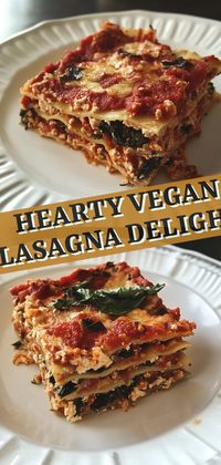 Hearty Vegan Lasagna Delight - A delicious plant-based twist on a classic comfort food favorite. Transport yourself to vegan heaven with this hearty lasagna packed with fresh vegetables and dairy-free indulgence. Perfect for both vegans and meat lovers alike.   #veganlasagna #plantbased #healthycomfortfood