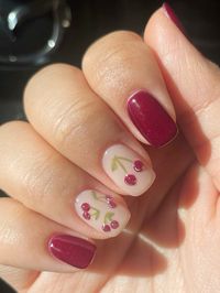 Natural nail, nail polish, gel x, gel nails, nail inspo, cherry, fruits, 3d art, manicure, pedicure, red polish, green, red, sparkly, firewords, holo, apres, opi, essie, presto, kiara sky, youngnails, summer, summer inspo, red, nail art, chinese nails, xhs, douyin, chinese inspo, short nails, nail bed, medium nails, simple nails, nail design