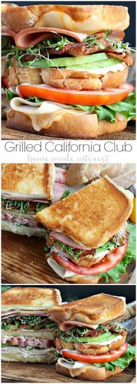 This Grilled California Club Sandwich oozes Munster cheese, and is piled high with ham, turkey, bacon, avocado, lettuce, tomatoes, and sprouts