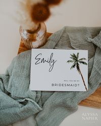 "Ask your bridesmaids to be in your wedding party with this beautiful tropical proposal card featuring a watercolor palm tree! This card will go perfectly with your bridesmaid gift box and you can print as many as you need for your party size. You can personalize them for each bridesmaid and change the wording for your maid/matron of honor proposals as well! ❗DISCLAIMER❗ This listing is for a DIGITAL item! NO physical item will be shipped to you. I don't accept returns for digital items once pay