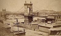 Carte de visite of the "Suspension Bridge Cincinnati" (from a stamp on the back), taken from Covington looking toward Cincinnati, ca. 1870.