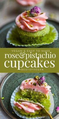 These vegan mini rose pistachio cupcakes are perfect for birthday parties, as a little lunch box treat, for baby showers, or any other gatherings. Thanks to the pretty pastel green and pink, you can also bookmark this recipe for a Valentine’s Day or St. Patrick’s Day treat. #BackToSchool #ValentinesDay #StPatricksDay #BabyShowerFood #BridalShowerSnacks #VeganBaking #VeganCupcakes