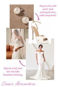 This classic off the shoulder gown is the perfect wedding dress for the classic bride! Pearl stud earrings and ankle strap heels add simple elegance. And complement the gown's court train with a full two-tier veil for classic drama! Check out our other wedding styling boards or go to our webiste Lookbooks for more wedding day styling inspiration!