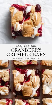 These easy one-pan cranberry crumble bars are just as delicious as pie, but without the dish! Made with a buttery shortbread crust, citrus spiked cranberry filling and a sweet vanilla glaze, these bars are a real holiday crowd pleaser! A perfect, easy holiday dessert recipe. | Browned Butter Blondie