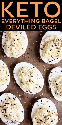 Keto Everything BAGEL Deviled Eggs! If you loved everything bagels pre-keto, you will absolutely love this creative twist on standard keto deviled eggs. Keto Everything Bagel Deviled Eggs take deviled eggs to a whole new level and will be a HUGE hit at parties. Oh, and they takes just minutes to make! If you're looking for a great keto appetizer recipe, keto party recipe, or keto lunch box recipe, give these creative low carb deviled eggs a try!