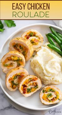 This Chicken Roulade should be in a restaurant! Broccoli, cheese, and bacon make the perfect stuffing, but the stuffing options are endless! Such a fun and simple way to liven up chicken breast!