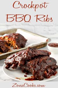 Crockpot BBQ Ribs for Two - super easy to make. They come out soooo tender after slow cooking in the crockpot all day. The meat falls right off the bone and the rich barbecue flavor is perfect. #BBQRibs #BabyBackRibs #crockpot #DinnerForTwo #LunchForTwo #RecipesForTwo