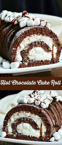 Hot Chocolate Cake Roll. Soft chocolate cake roll filled with light and fluffy frosting with folded mini marshmallows, drizzled with chocolate syrup and topped with more marshmallows. #cake #chocolatecake #cakeroll #dessert #holidaydessert