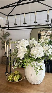 Difficulty: Easy  🍃Summer Floral Arrangement… I shared these beautiful florals in stories and had many requests for a tutorial on how I put my arrangement together. This vase is so large, that I highly recommend adding a smaller glass inside to corral all the stems. It makes it much easier to arrange. For reference: 1 set/2 Greenery Stems 6 Hydrangea Stems 4 Berry Branches Vase, hydrangeas & berry branches are currently on sale. This is a front sided arrangement. If you’re wanting the back to look finished as  🍃Summer Floral Arrangement…  I shared these beautiful florals in stories and had many requests for a tutorial on how I put my arrangement together. This vase is so large, that I highly recommend adding a smaller glass inside to corral all the stems. It makes it much easier to arran