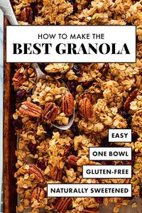 This healthy granola is so delicious and simply the BEST! It uses maple syrup (or honey), coconut oil, old-fashioned oats, and nuts and dried fruit of your choosing. It’s naturally sweetened and extra clumpy! #cookieandkate #healthygranola #glutenfree #wholegrains #granolarecipe