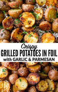 Crispy grilled potatoes are easy and a perfect side to any BBQ recipe. Golden outside, tender inside, with no boiling or clean up required! Top with garlic and parmesan or enjoy all on their own! #grilling #wellplated