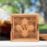 Monogram Coaster Set, Personalized Bamboo Coasters, Monogram with Flora Border, Wedding Gift, Anniversary Gift, Christmas Gift