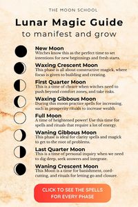 Discover the details of moon magic and learn about harnessing the phases of the moon in rituals and spells. Essential inspiration for the modern witch. Wiccan and pagan practices. Work with lunart phases to manifest your desires and accelerate your spiritual journey.  All about manifesting with the phases of the moon. Set intentions, manifest and create, use affirmations. Witch spells create a witchcraft spell book, Release and let go with shadow work and banishing rituals. How to plan effectively with the waxing Moon and integrate with the waning Moon.
