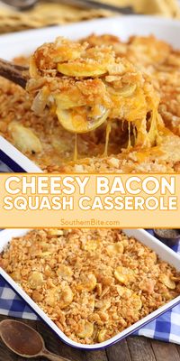 This Squash Casserole recipe is a delicious Southern combination of yellow summer squash, bacon, cheese, and buttery Ritz crackers.