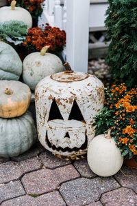 Rustic fall farmhouse porch = Pumpkins & mums on porch stairs. Great inspiration for cottage style & farmhouse style fall decor.