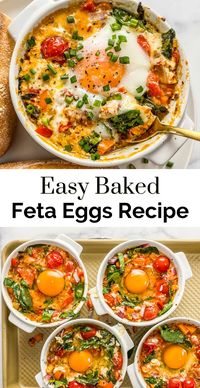 This wonderful baked feta eggs recipe is a delicious breakfast, brunch, or lunch. The combination of creamy feta, juicy tomatoes, bright vegetables, and a hearty egg makes for a satisfying meal.