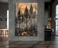 Pine Forest Silhouette Canvas Wall Art Abstract Gold and Black Starry Night Sky Painting Print Magical Mysterious Trees Decor Ready to Hang Regarding Our Merchandise: * We handcraft our products using premium materials in our in-house production facility and deliver them directly to your doorstep. * Expertly crafted by skilled artisans. Custom-made to suit your preferences. * We imprint high-quality canvas with a weight of 340g/sqm using top-tier printing equipment and eco-friendly inks, ensurin