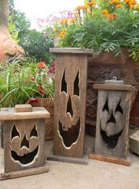 Wood lantern made with rustic worn wood Jack-O-Lantern for