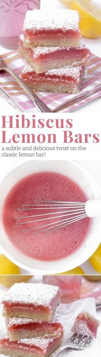 These Hibiscus Lemon Bars are insanely good --- imagine a perfect lemon bar infused with the bright berry flavor of hibiscus.  Can you say vitamin C? #lemonbars #lemon #hibiscus #hibisculemonbars #hibiscustea #lemonbarrecipe #pinklemonadebars #dessert