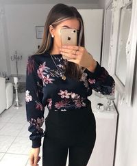 Blouse dark blue with pink flowers