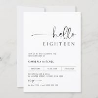 This minimalist typography 18th birthday party invitation is perfect for a modern birthday party. The simple design features classic minimalist black and white typography with a modern feel. Customizable in any color. Keep the design minimal and elegant, as is, or personalize it by adding your own graphics and artwork. For more advanced customization of this design, e.g. changing layout, font or text size please click the "CUSTOMIZE" button above. Please contact me for any questions!