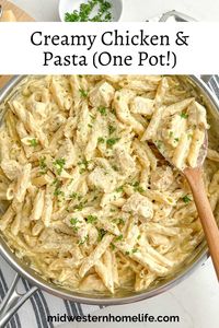 Creamy Chicken and Pasta with cream of chicken soup, tender chicken breast, and penne pasta in a luscious creamy sauce is an easy one-pot meal that takes about 30 minutes. Creamy garlic chicken pasta is a delicious dinner recipe for busy weeknights the whole family will devour.