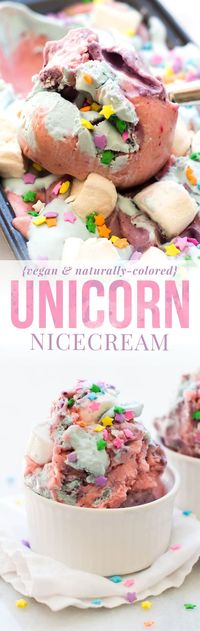 This Unicorn Nice Cream is a scoop of vegan magic with pink, purple, and blue swirls, sweet squishy marshmallows, and sugar stars twinkling on top!