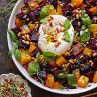 Beet and Burrata Salad with Pine Nuts and Honey-Balsamic Dressing