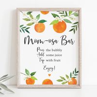 This adorable "Mom-osa" Bar Sign is a fun, interactive way to kick off the fun at your Baby Shower & guaranteed to be a huge hit! Simply display this sign at your mimosa bar table so guests know how to make their own drinks. The design features hand painted watercolor oranges and greenery.