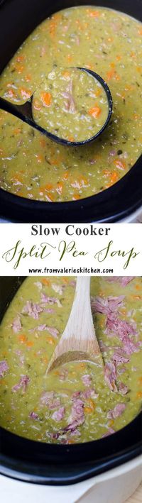 This Slow Cooker Split Pea Soup is a great way to make use of that leftover bone from your holiday ham. Cooking it low and slow is the best method for creating creamy, delicious split pea soup. #splitpeasoup #souprecipes #leftoverhamrecipes #hamrecipes #slowcookerrecipes #slowcooker #crockpotrecipes #crockpot