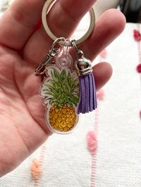 Personalized Pineapple Keychain, 2" Hawaii Aloha Acrylic Keyring with tassel of your Choice, Boho Tropical Keyfob, Summer Gifts for Women