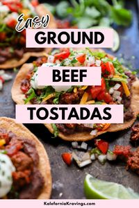 These Easy Ground Beef Tostadas are a fun and flavorful twist on tacos!  Crispy tostada shells are piled high with savory Mexican-spiced ground beef, refried beans, and all your favorite toppings. Shredded lettuce, chopped tomatoes, cheddar cheese, and onion add a refreshing crunch and pops of color.  Ready in just 20 minutes, this recipe is perfect for a quick and easy weeknight dinner.