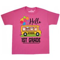 First grade school year Youth T-Shirt has school bus filled with boys and girls and hello 1st grade message $14.99 #1stGrade #FirstGrade #backtoschool #1stDay www.homewiseshopperkids.com