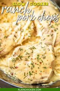 Slow Cooker Ranch Pork Chops - THE BEST pork chops EVER! Everyone cleaned their plate!!! SO tender and full of flavor. Pork chops, Ranch dressing mix, cream cheese, cream of chicken soup and white wine/chicken broth. Serve over angel hair pasta. Make sure to spoon the sauce out of the slow cooker - it is SO good!