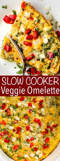 Slow Cooker Veggie Omelette - Get your day started right with a healthy and simple breakfast omelette cooked in the crock pot! This omelette is a pure, simple, savory goodness. Simple is the key word. Everything gets thrown into the Slow Cooker and you come back 2 hours later to eat it. #slowcookerrecipes #omelette #breakfastcasserole