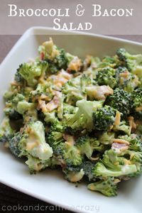 Broccoli  Bacon Salad 4 c. chopped broccoli florets 8-10 slices cooked bacon- diced 3/4 c. shredded cheddar cheese Dressing: 1 c. Light Mayo (less than) 1/4 c. Sugar 2 T. White vinegar Combine broccoli, bacon and cheddar cheese in a bowl. Combine mayo, sugar and vinegar in another bowl and pour over the broccoli and bacon mix. Refrigerate and serve. DELISH!