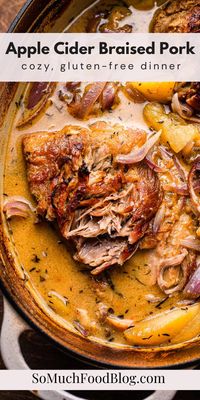 This Apple Cider Braised Pork Shoulder is an easy one-pot dinner recipe that is so cozy and perfect for the fall months. Tender pork cooked low and slow in a bath of fresh apple cider, onions, apples, and fresh herbs.