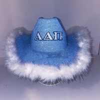 The perfect hat to show your sorority pride!! Can be made for any collegiate letter organization + any color scheme at no added cost! Perfect for class reunions, grad gifts, tailgate season and big little reveals! Comes with glitter letters (request the letters or spelled out name in the personalization matching glitter base, and feather boa trim!  All trim options (besides Rhinestone (No LED) include three speed LED lights around the hat brim, can be removed by request for other trims! SIZE: St