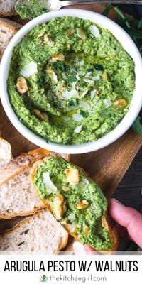 How to make pesto with arugula and walnuts. This easy spread is low carb, delicious on everything, budget-friendly, and perfect for any season! #arugula #pesto #dip #spread #glutenfree #lowcarb