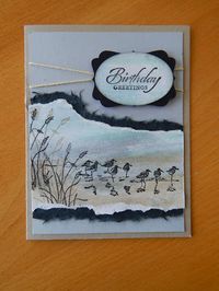 handmade birthday card from Dianne's cards ... Wetlands shore birds and grasses ... torn edge matting for beach scene .. luv how she created the sand and sky ... great card! ... Stampin' Up!