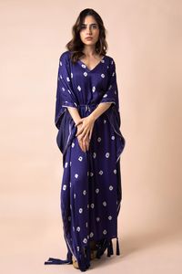 Buy Your Silq Blue Satin Chiffon Gale Ikat Print Kaftan Online | Aza Fashions