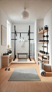 Description: This minimalist home gym setup in a small room features white walls and wooden floors. The gym includes a compact set of weights, a yoga mat, and a pull-up bar mounted on the wall. Floating shelves hold neatly organized fitness accessories, creating a bright, tidy space designed to maximize functionality with minimal equipment.